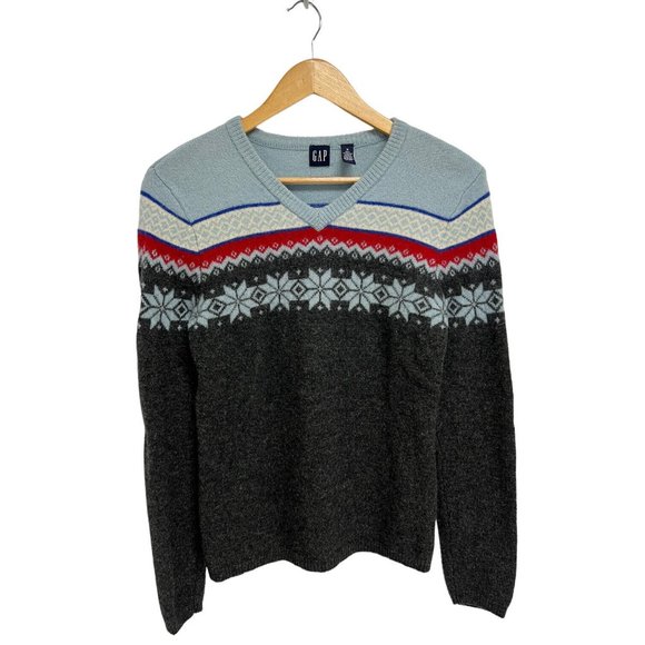 GAP Women's Long Sleeve Gray Multicolor V-Neck Winter Wool Sweater Size M - Picture 1 of 11